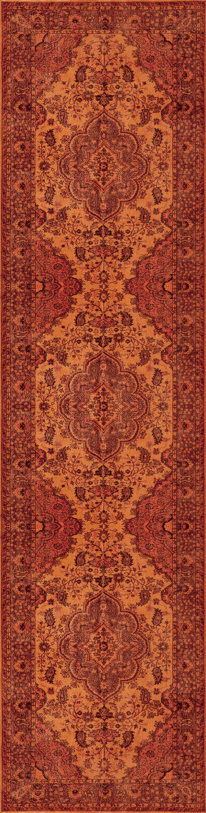 The Noble Odyssey - Washable Rug - JRN1012 is a long, rectangular orange rug with intricate symmetrical patterns and a medallion design in red and brown, finished with a detailed border.