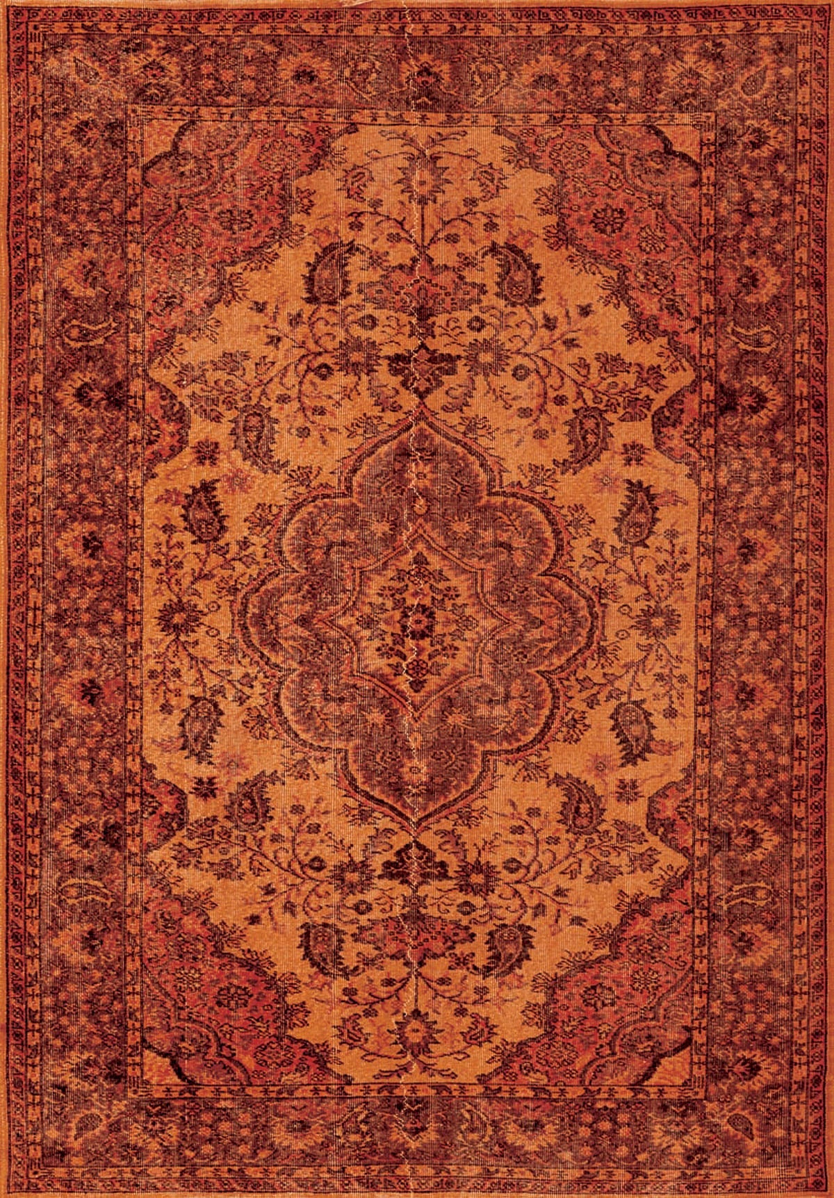 The Noble Odyssey - Washable Rug - JRN1012 features an ornate, rectangular design with an intricate floral and vine motif in warm orange, red, and brown tones, a detailed geometric border, and a symmetrical central medallion. Custom size available.