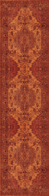 The Noble Odyssey - Washable Rug - JRN1012 (Custom Size) is a long, rectangular area rug with intricate floral and geometric patterns in red, orange, and brown, featuring a detailed border and symmetrical central design.