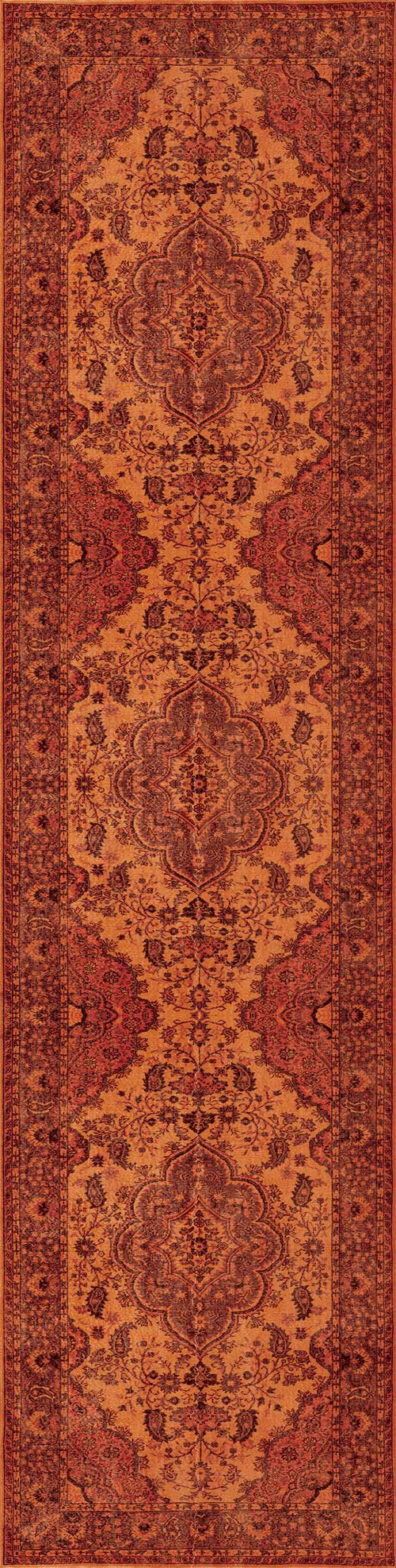 Load image 1 in gallery view. The Noble Odyssey - Washable Rug - JRN1012 (Custom Size) is a long, rectangular area rug with intricate floral and geometric patterns in red, orange, and brown, featuring a detailed border and symmetrical central design.