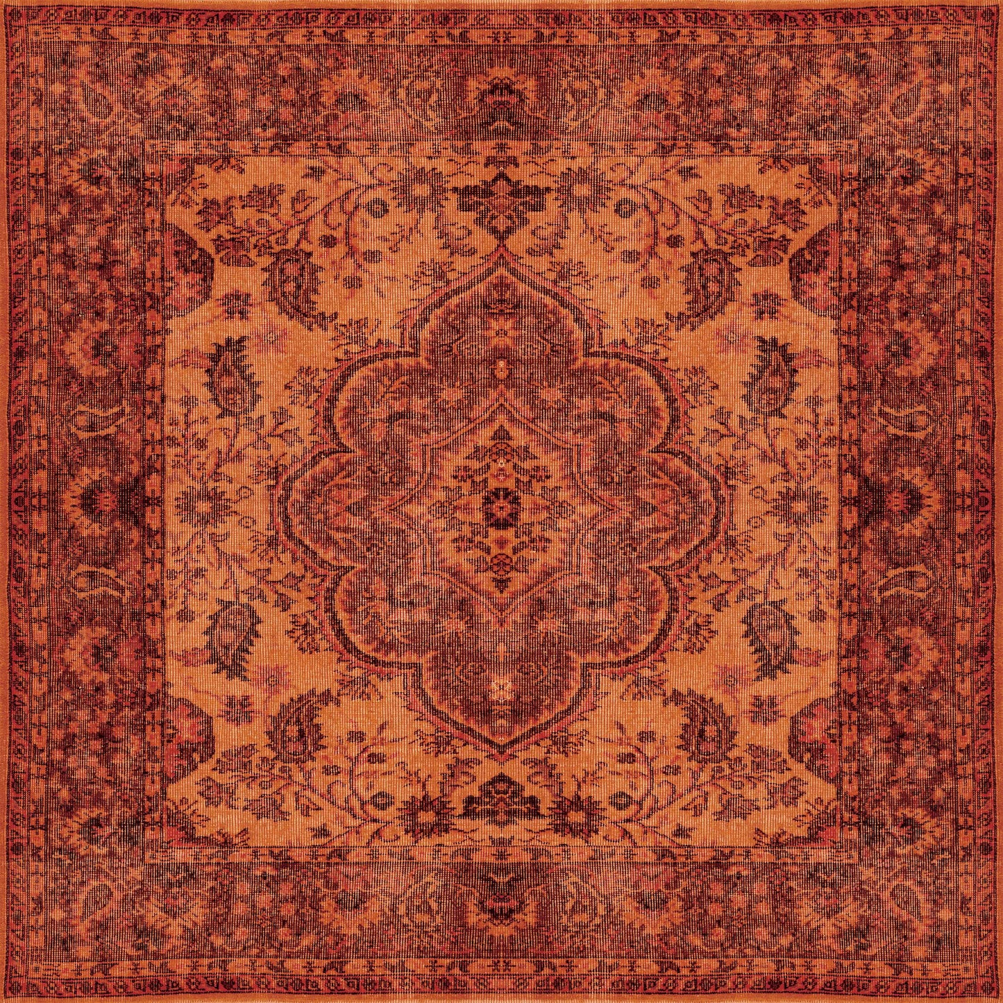 The Noble Odyssey - Washable Rug - JRN1012 (Custom Size) features an ornate rectangular design with a symmetrical floral medallion in red, orange, and brown hues, accented by intricate borders and vine motifs for timeless traditional style.