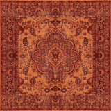 The Noble Odyssey - Washable Rug - JRN1012 (Custom Size) features an ornate rectangular design with a symmetrical floral medallion in red, orange, and brown hues, accented by intricate borders and vine motifs for timeless traditional style.