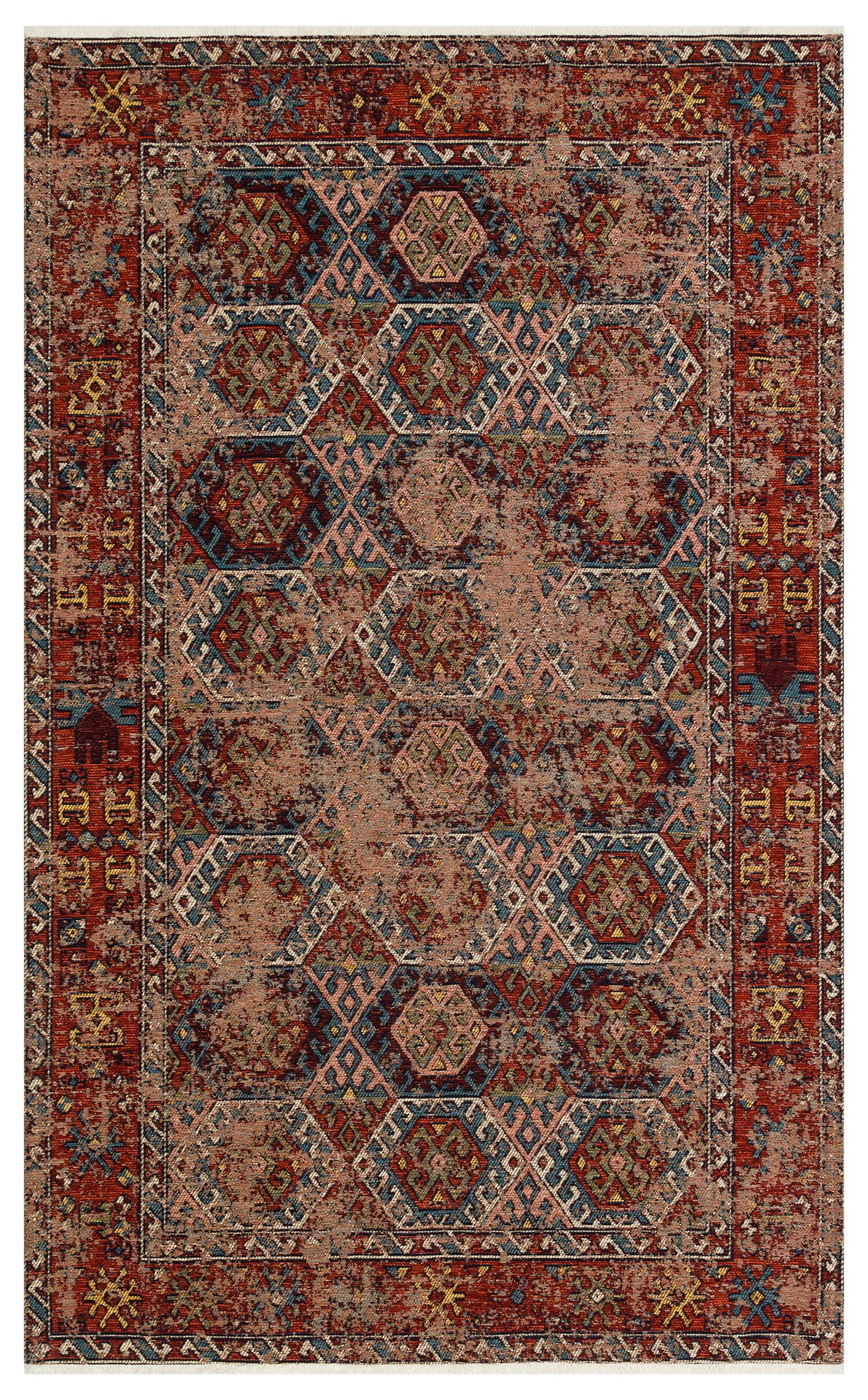 The Nomad Spirit - Washable Kilims - AND03 is a rectangular flatwoven rug with a distressed vintage look, showcasing tribal geometric patterns in red, blue, beige, and gold, framed by a border of symmetrical diamonds and octagons