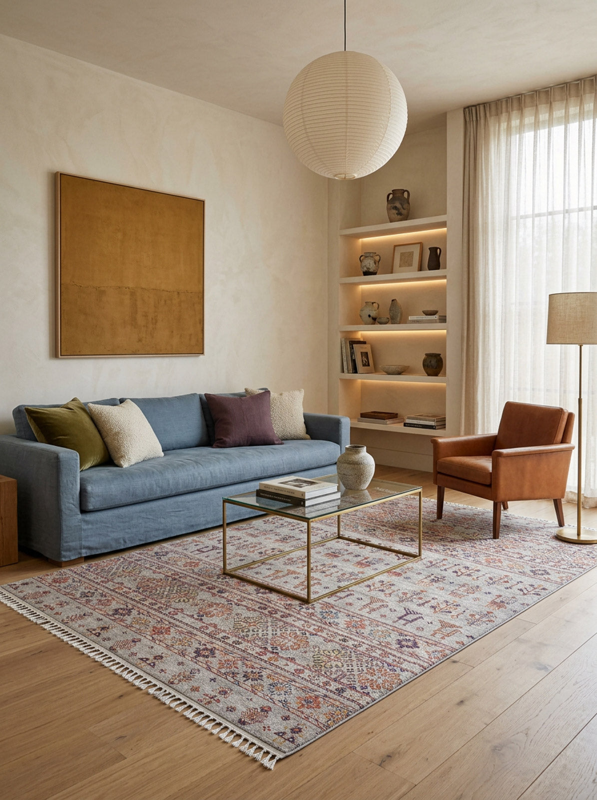 A modern living room with a blue sofa, brown armchair, glass coffee table, the Nomad's Nest Washable Rug (JR5088) for high-traffic areas, floor lamp, large wall art, decorated shelves, and natural light from sheer curtains.