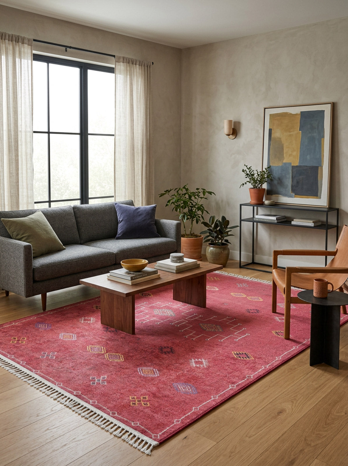 A modern living room with a gray sofa, tan leather chair, wooden coffee table, Nomadic Journey - Washable Rug - JR5080 ideal for high-traffic areas, potted plants, and a console table with books and abstract art by sheer-curtained windows.