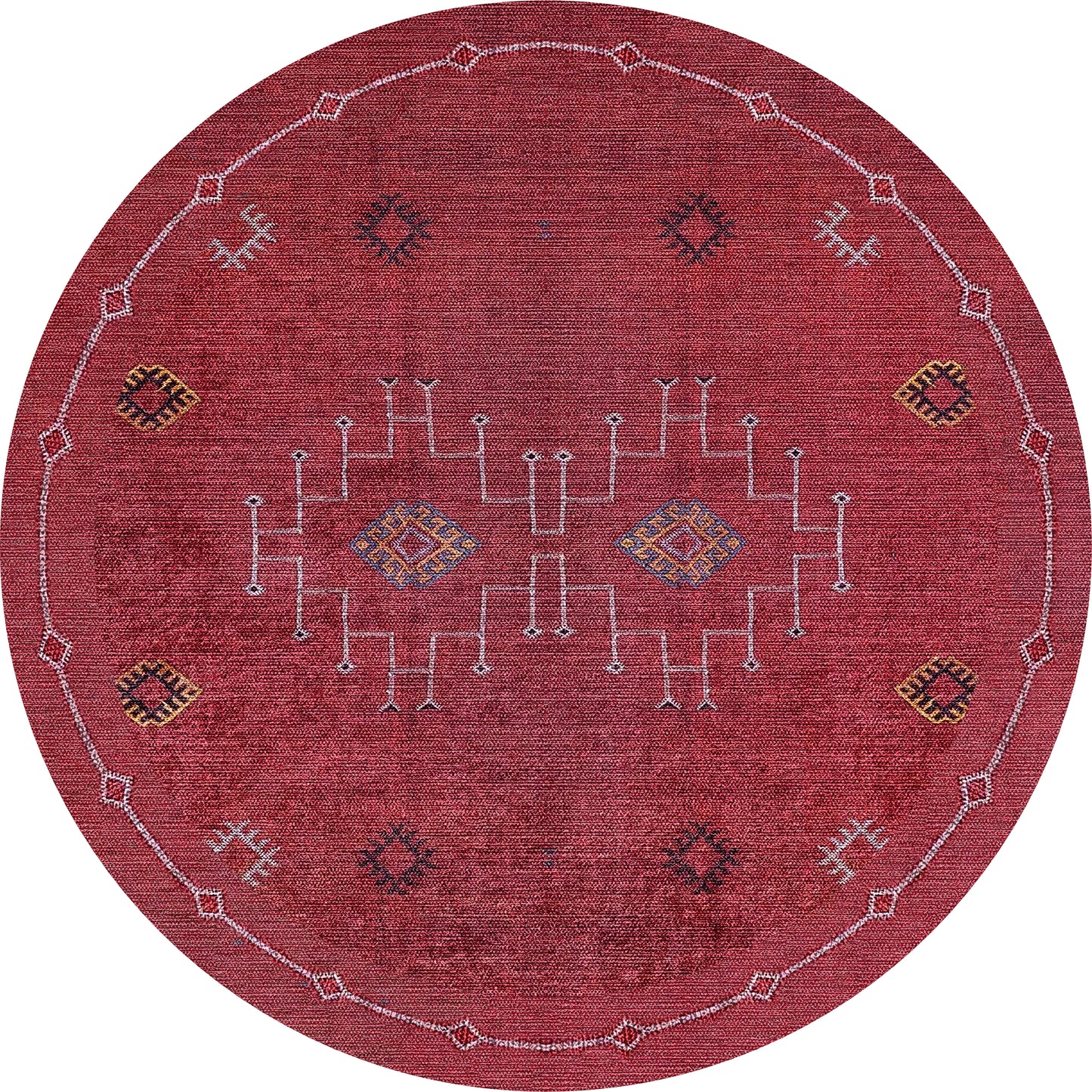 The Nomadic Journey - Washable Rug - JR5080 is a round, red rug featuring geometric patterns and small yellow, white, blue, and black motifs—symmetrically arranged and ideal for high-traffic areas.