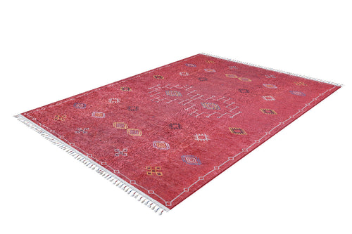 Load image 1 in gallery view. The Nomadic Journey - Washable Rug - JR5080 (Custom Size) is a rectangular red rug with white fringed edges and colorful geometric patterns, designed for high-traffic areas and shown angled on a white background.