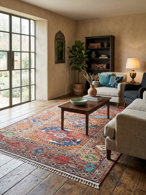 Load image 1 in gallery view. A cozy living room with natural light, wooden floors, a Nomadic Oasis - Washable Rug - JR5086 perfect for high-traffic areas, beige sofas, a coffee table, a potted plant, bookshelf, and a lit table lamp by large windows.