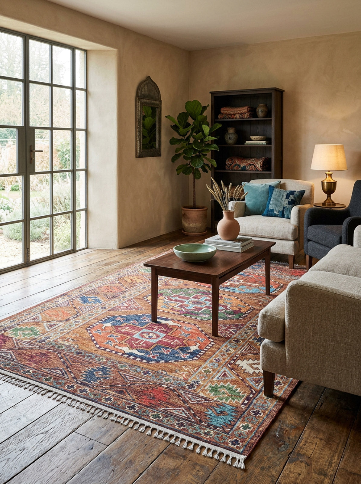 A cozy living room with a large Nomadic Oasis - Washable Rug - JR5086 (Custom Size), two beige sofas, a wooden coffee table with a vase, a potted plant, books and ceramics on a shelf, a lamp, and large windows filling the space with natural light.