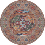 The Nomadic Oasis - Washable Rug - JR5086 is a round, flat weave rug with a central medallion and intricate geometric and floral patterns in bronze, brown, orange, green, blue, and cream.