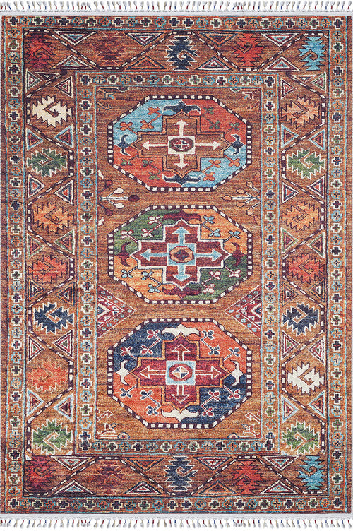 Bild 1 in Galerieansicht laden. The Nomadic Oasis - Washable Rug - JR5086 (Custom Size) is a rectangular, colorful oriental rug with three central geometric medallions, vibrant patterns, fringed edges, and is perfect for allergy-sensitive or high-traffic areas.