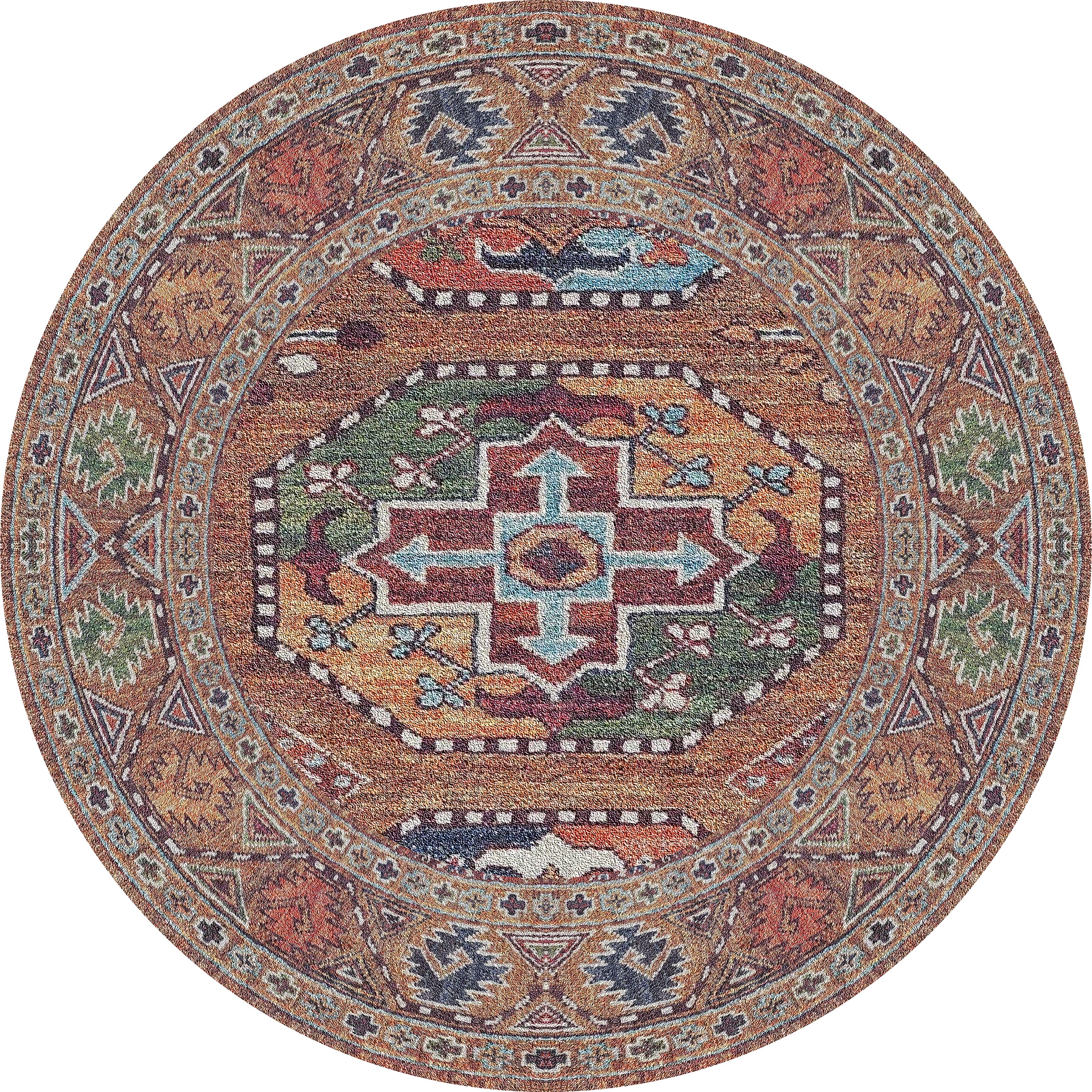 The Nomadic Oasis - Washable Rug - JR5086 (Custom Size) features intricate geometric and ornate designs in earthy brown, green, and orange with a central medallion—perfect for high-traffic areas.