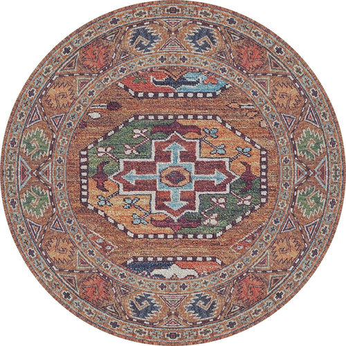 Bild 1 in Galerieansicht laden. The Nomadic Oasis - Washable Rug - JR5086 (Custom Size) features intricate geometric and ornate designs in earthy brown, green, and orange with a central medallion—perfect for high-traffic areas.
