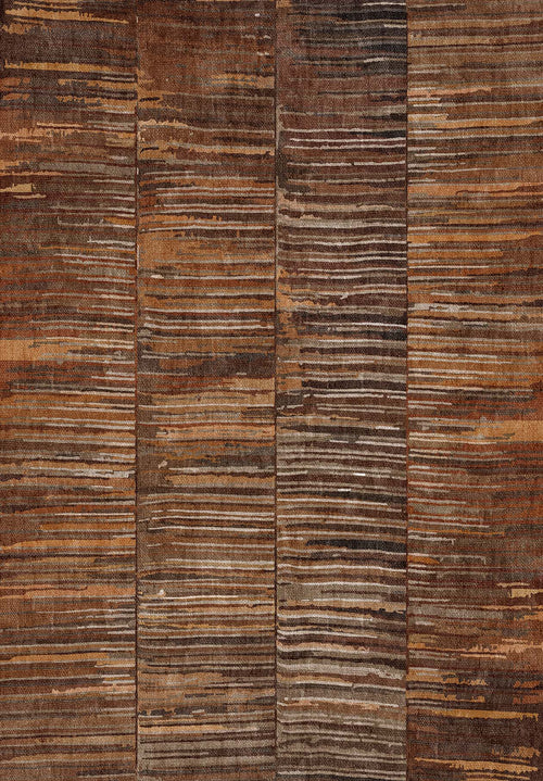 Load image 1 in gallery view. The Nostalgic Weft - Washable Rug - JRN33 is a durable brown area rug with striped patterns in shades of brown, tan, and beige, divided into three vertical wavy sections—ideal for high-traffic areas and adding textured style to any room.