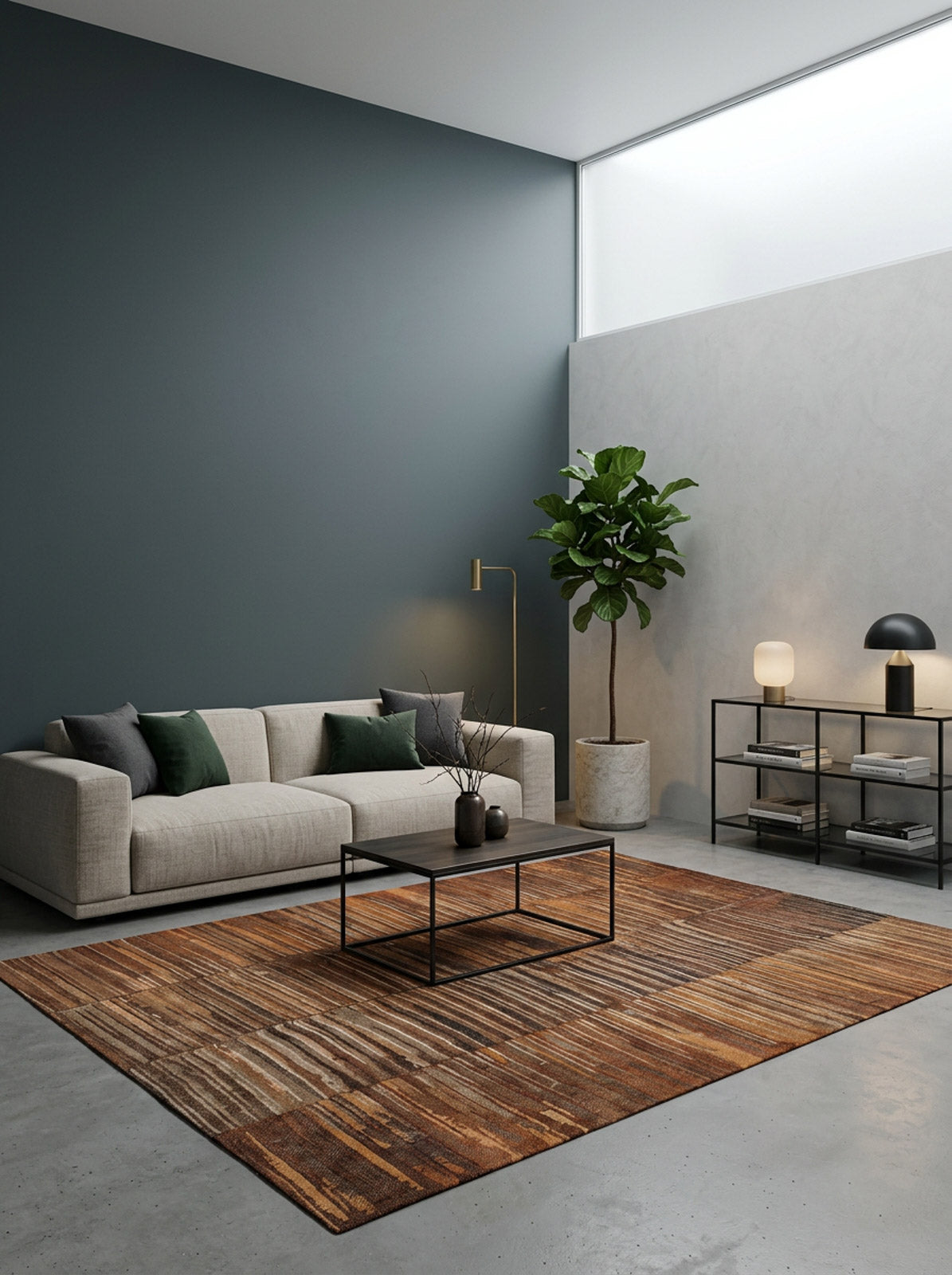A modern living room featuring the Nostalgic Weft - Washable Rug - JRN33, a light gray sofa with green pillows, wooden coffee table, blue and white walls, plants, and sleek black metal shelf—all allergy-friendly and ideal for busy spaces.