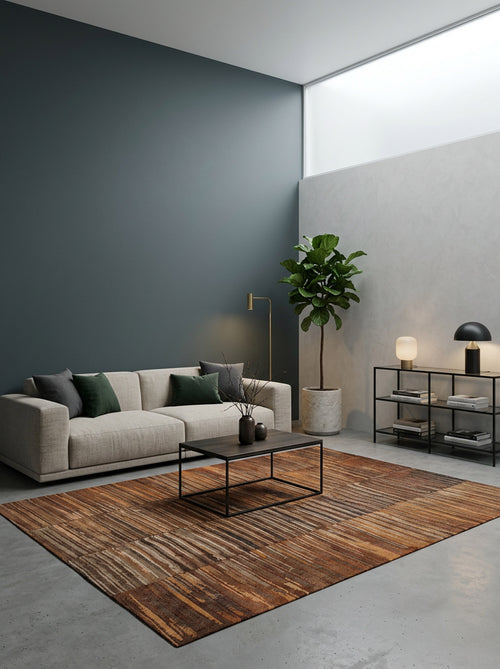 Load image 1 in gallery view. A modern living room featuring the Nostalgic Weft - Washable Rug - JRN33, a light gray sofa with green pillows, wooden coffee table, blue and white walls, plants, and sleek black metal shelf—all allergy-friendly and ideal for busy spaces.