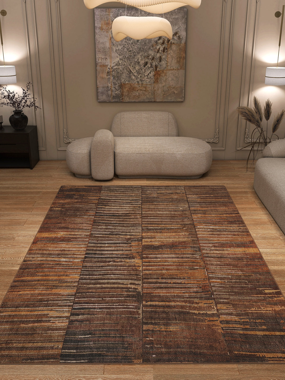 A modern living room with beige walls, abstract art, a sculptural sofa, and the Nostalgic Weft - Washable Rug - JRN33 on wood floors. Contemporary decor and soft lighting create a stylish, durable space perfect for high-traffic areas.