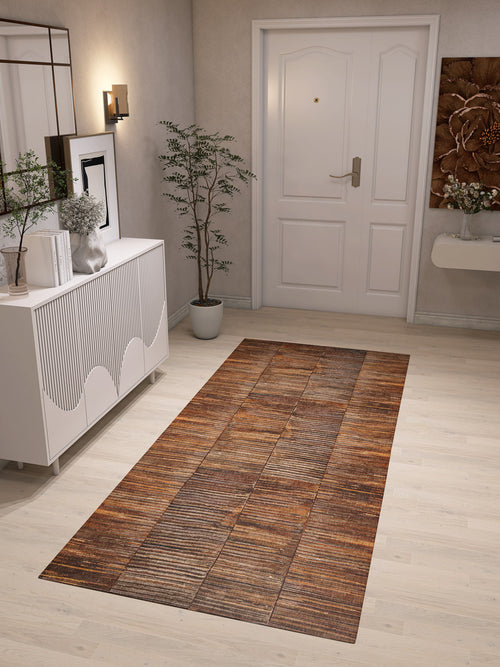 Load image 1 in gallery view. A modern hallway with light wood flooring, the Nostalgic Weft - Washable Rug - JRN33 ideal for high-traffic areas, a white door, a white sideboard with decor and framed art, a potted plant, wall mirror, and wall-mounted light fixture.