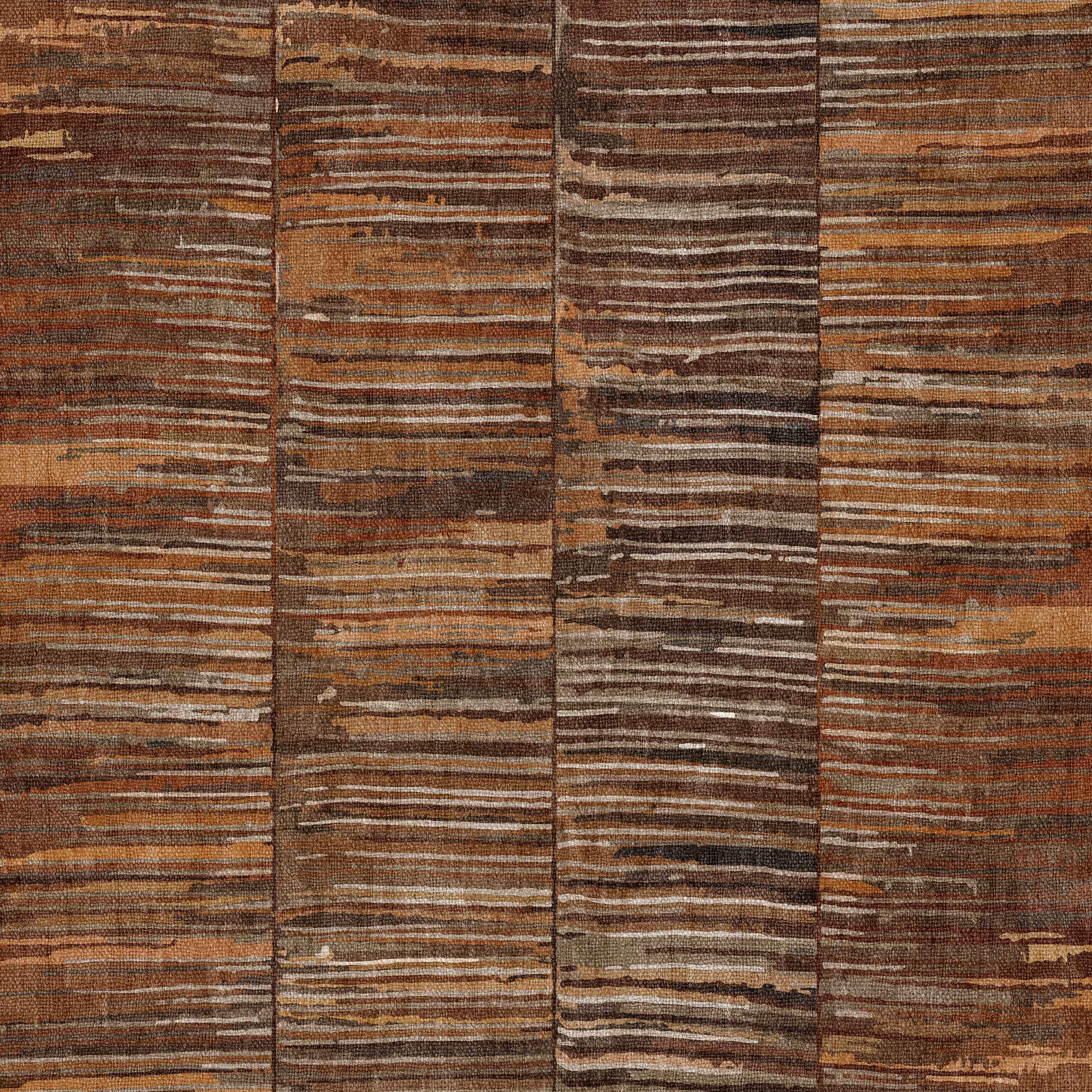 A close-up of the Nostalgic Weft - Washable Rug - JRN33, featuring durable, textured vertical stripes and irregular horizontal lines in brown, tan, and orange for a rustic look—perfect for high-traffic areas.