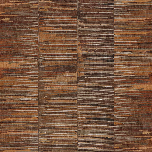 Load image 1 in gallery view. A close-up of the Nostalgic Weft - Washable Rug - JRN33, featuring durable, textured vertical stripes and irregular horizontal lines in brown, tan, and orange for a rustic look—perfect for high-traffic areas.