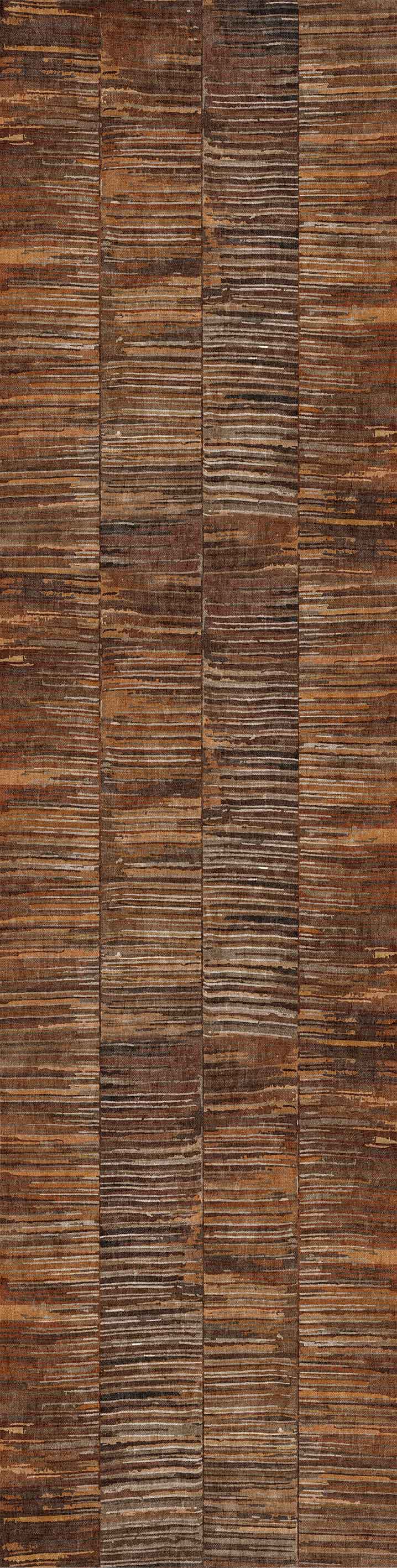 Close-up of the Nostalgic Weft - Washable Rug - JRN33, featuring a textured pattern of horizontal lines and rectangular panels in brown tones, offering a rustic, tiled look ideal for high-traffic spaces.