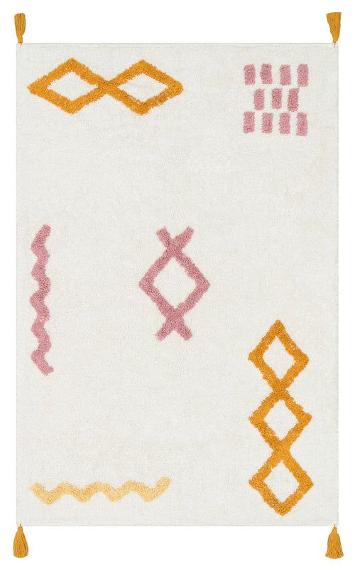 Load image 1 in gallery view. The Nursery Nest - Washable Shaggy - CBN04 is a plush cotton rug with abstract yellow and pink geometric shapes, zigzags, diamonds, and yellow tassels—ideal for adding cozy style to any nursery or room.