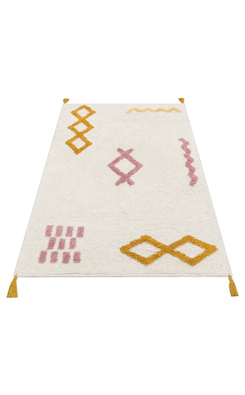 Load image 1 in gallery view. The Nursery Nest - Washable Shaggy - CBN04 is a rectangular white plush cotton nursery rug with yellow and pink geometric designs, including diamonds, zigzags, and rectangles, plus tassels on each corner for a playful touch.