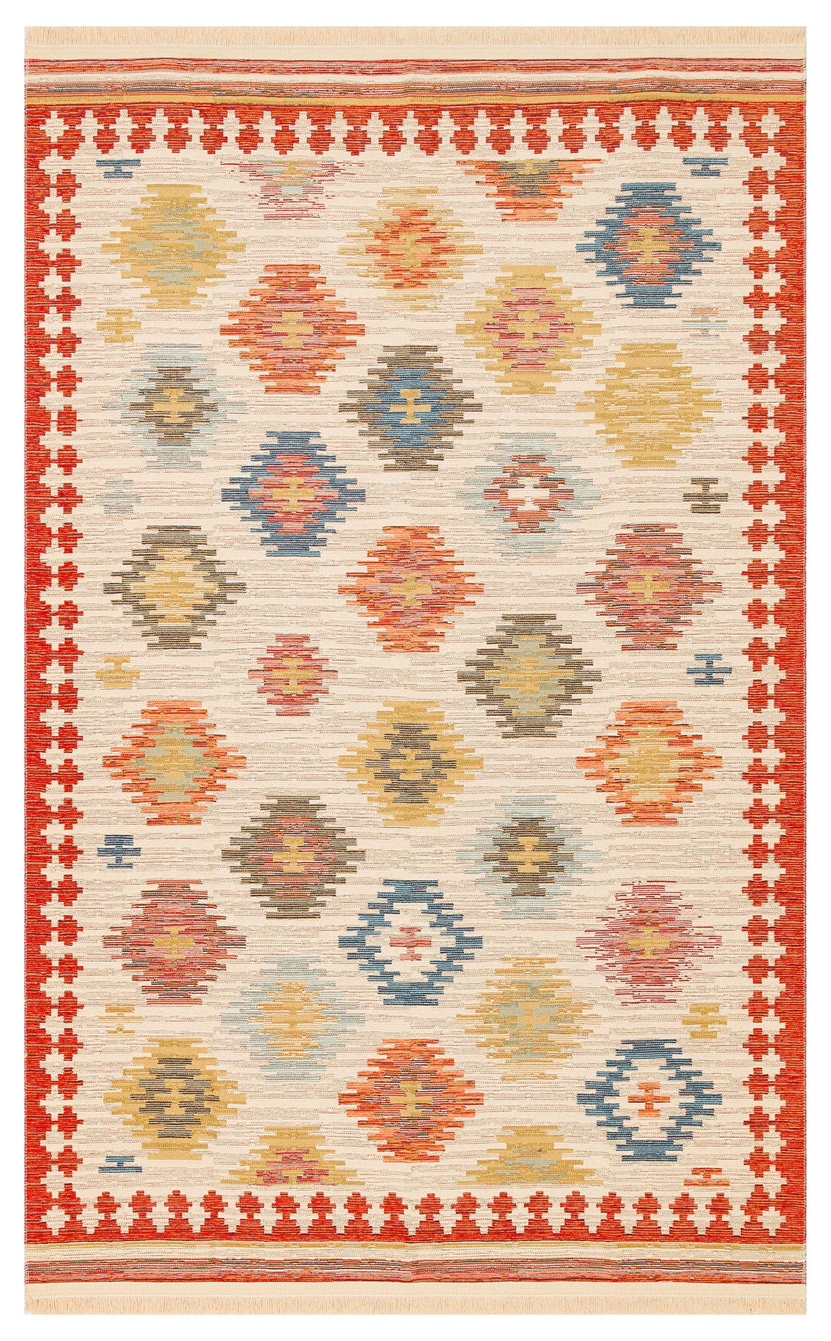 The Ocean Form - Kilim - NMD04 is a woven blue tribal rug with a beige background, showcasing geometric diamond patterns in red, yellow, blue, and gold with a red and white patterned border.