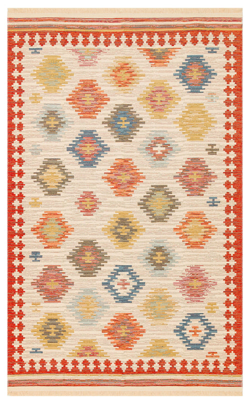 Load image 1 in gallery view. The Ocean Form - Washable Reversible Kilim (NMD04) has a cream base with colorful diamond patterns, a bold blue tribal design, a striking red border with white stepped motifs, and is easy to clean as it's washable.