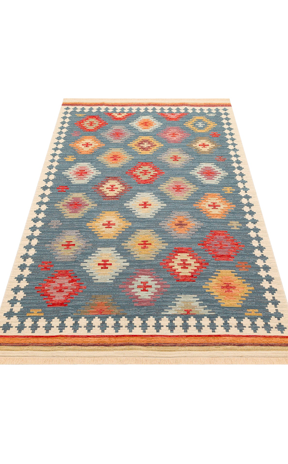 The Ocean Form - Kilim - NMD04 is a rectangular blue tribal rug featuring geometric diamond patterns in red, yellow, blue, and beige, bordered with a black and white motif and finished with beige fringe on the short ends.
