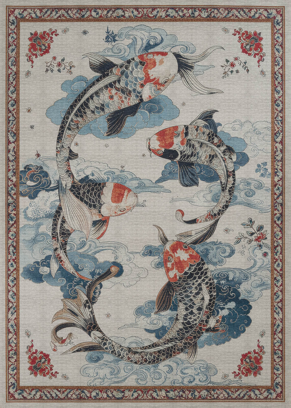 The Ocean Myth - Washable Rug - JRS018 features four koi fish swimming in a circle with blue swirling water, clouds, red floral accents, and a decorative geometric border. Perfect for modern spaces in blue, red, and beige tones.