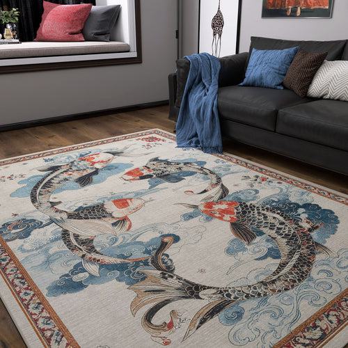 Bild 1 in Galerieansicht laden. A living room features a gray sofa with blue and white pillows, a blue throw, and the Ocean Myth - Washable Rug - JRS018 showcasing two large koi fish in swirling blue water. A window seat with cushions adds to the modern interior.