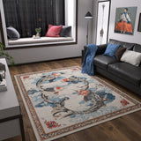A modern living room features a dark sofa, blue throw, colorful pillows by the window seat, and the Ocean Myth - Washable Rug - JRS018 with koi fish motifs. Artworks and a tall lamp add style to this contemporary interior.