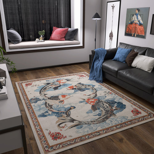 Bild 1 in Galerieansicht laden. A modern living room features a dark sofa, blue throw, colorful pillows by the window seat, and the Ocean Myth - Washable Rug - JRS018 with koi fish motifs. Artworks and a tall lamp add style to this contemporary interior.