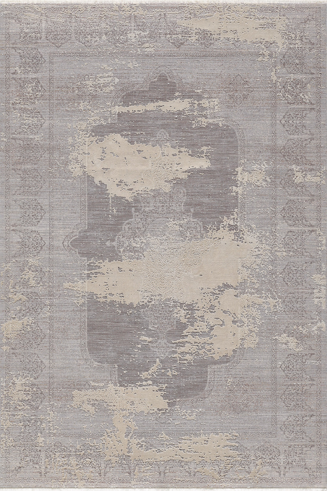The Old World Elegance Modern Rug - Grey - M677N features a faded vintage pattern in light gray and beige, ornate borders, and a central medallion. This machine-made rug adds timeless style to any space with its distressed look.
