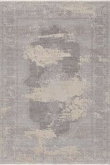 The Old World Elegance Modern Rug - Grey - M677N features a faded vintage pattern in light gray and beige, ornate borders, and a central medallion. This machine-made rug adds timeless style to any space with its distressed look.