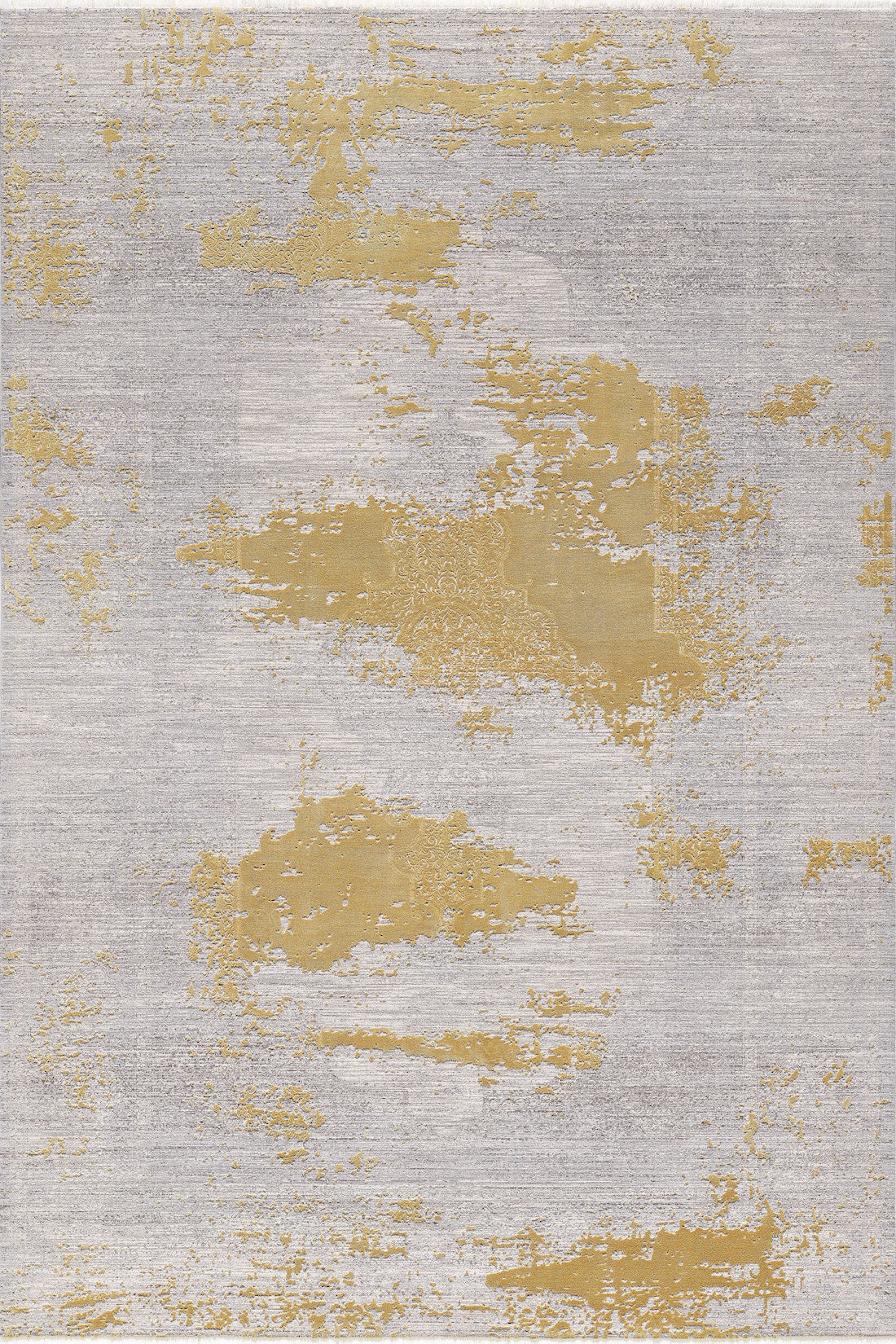The Old World Elegance Modern Rug - Yellow - M677O features a textured, painterly design with abstract gold patches and irregular yellow shapes on a light gray background for a stylish, distressed look.