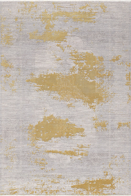 Load image 1 in gallery view. The Old World Elegance Modern Rug - Yellow - M677O features a textured, painterly design with abstract gold patches and irregular yellow shapes on a light gray background for a stylish, distressed look.