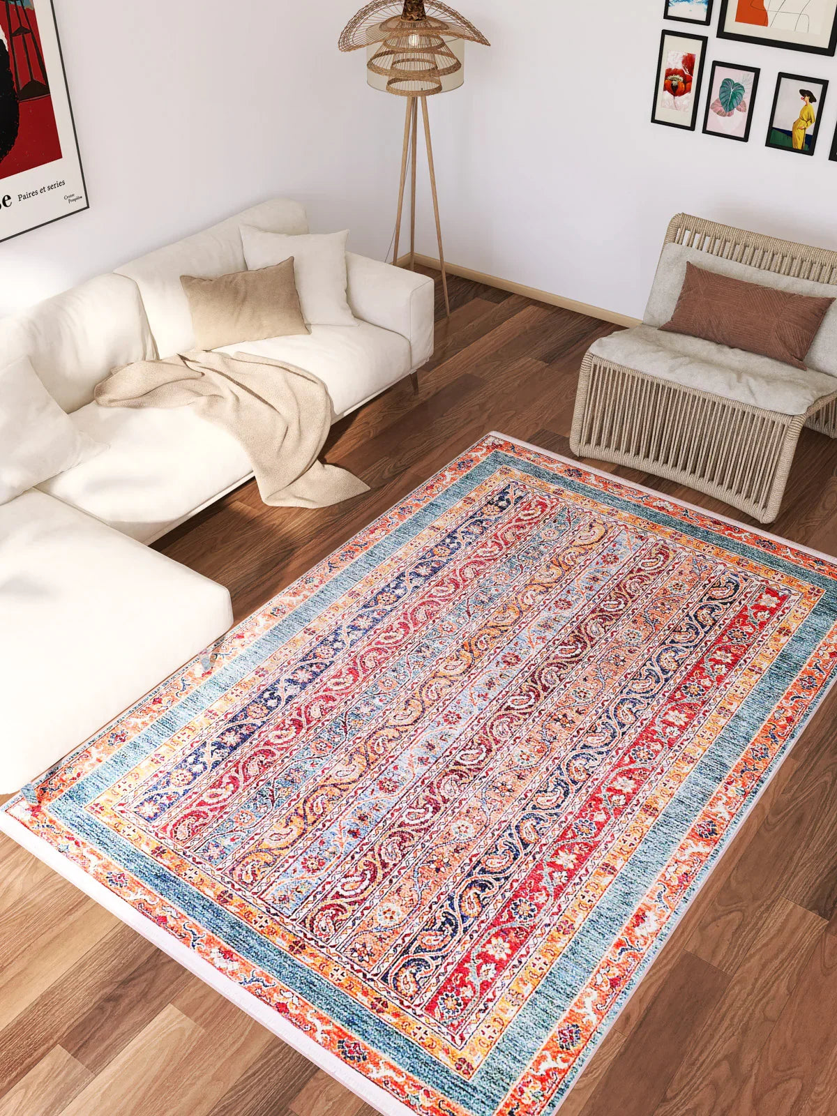 The Old-World Elegance - Washable Rug - JR38, featuring red, blue, and yellow patterns, adds a vibrant touch to a modern living room with wooden floors—perfect for high-traffic areas.