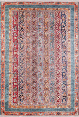 The Old-World Elegance - Washable Rug - JR38 (Custom Size) features a Persian-inspired flat weave with vertical red, blue, gold, and cream stripes adorned with floral and paisley motifs, finished with a traditional decorative border.