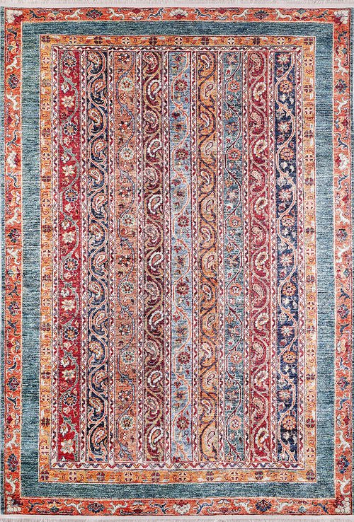 Load image 1 in gallery view. The Old-World Elegance - Washable Rug - JR38 (Custom Size) features a Persian-inspired flat weave with vertical red, blue, gold, and cream stripes adorned with floral and paisley motifs, finished with a traditional decorative border.
