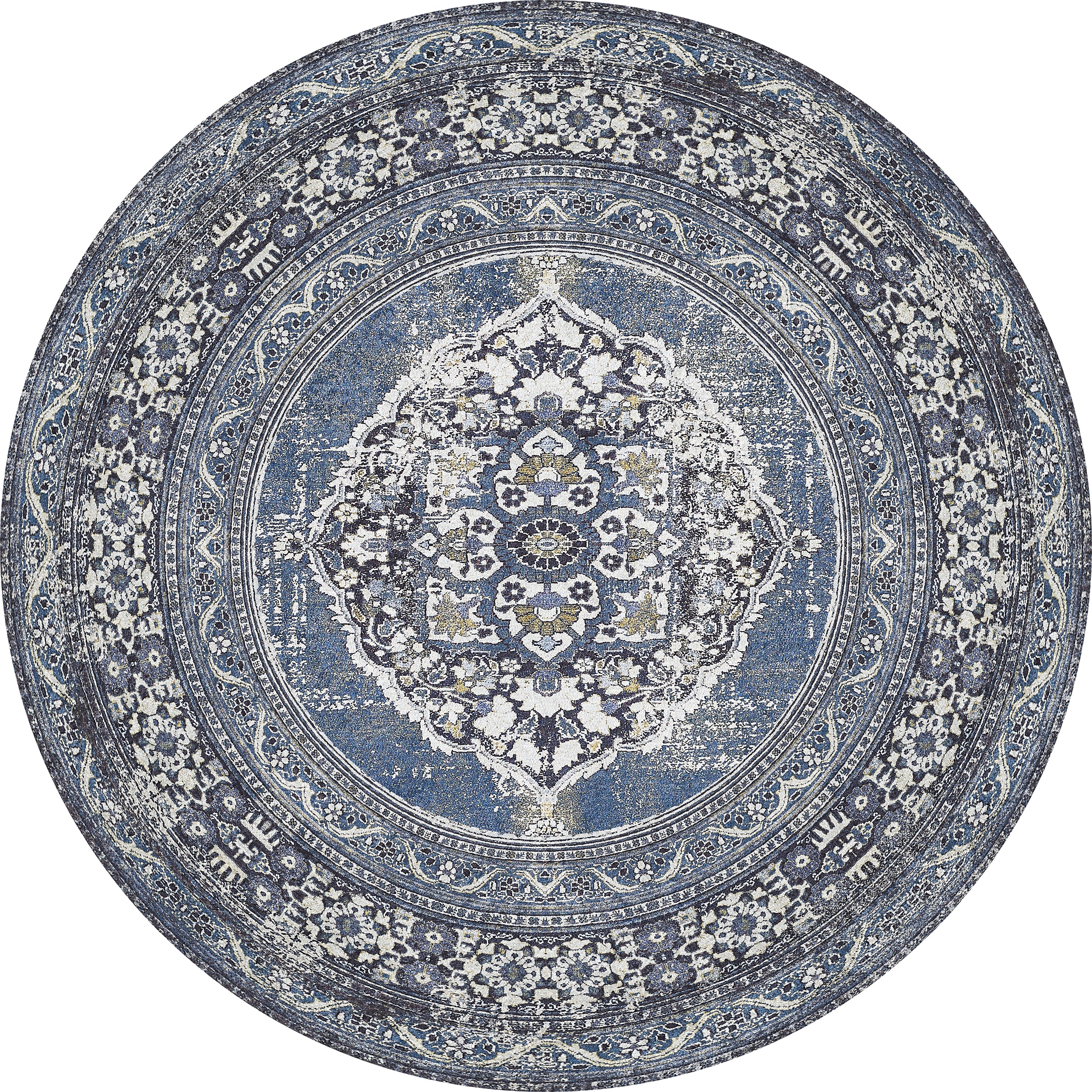 The Opulent Beauty - Washable Rug - JR1932 is a round blue rug with an intricate floral medallion pattern, detailed border, and vintage distressed look. It's washable for easy care—ideal for high-traffic areas.