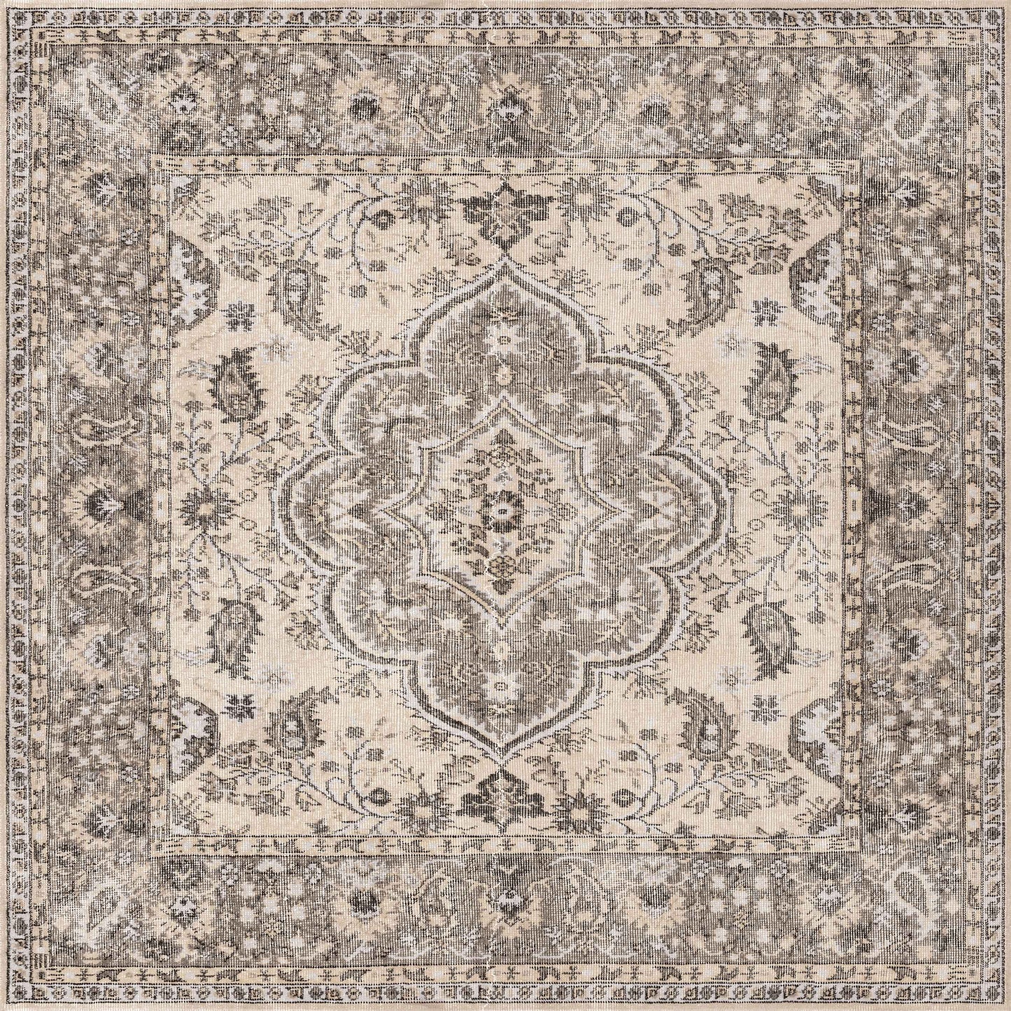 The Opulent Mirage - Washable Rug - JRN1008 features an ornate, traditional floral pattern in beige, cream, and gray with a central medallion and intricate vine borders—ideal for classic interiors.