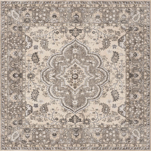 Load image 1 in gallery view. The Opulent Mirage - Washable Rug - JRN1008 features an ornate, traditional floral pattern in beige, cream, and gray with a central medallion and intricate vine borders—ideal for classic interiors.