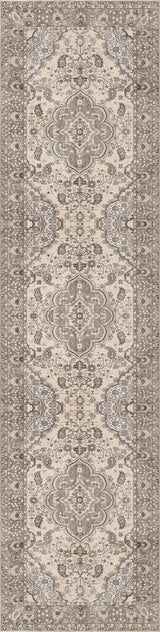 The Opulent Mirage - Washable Rug (JRN1008) is a long, rectangular rug with traditional beige, cream, and brown floral and geometric patterns framed by detailed borders—ideal for classic or traditional interiors.
