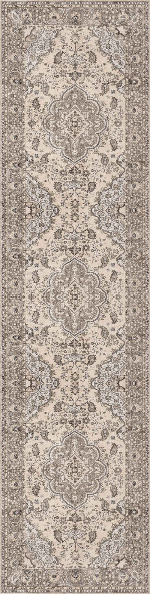 Load image 1 in gallery view. The Opulent Mirage - Washable Rug (JRN1008) is a long, rectangular rug with traditional beige, cream, and brown floral and geometric patterns framed by detailed borders—ideal for classic or traditional interiors.