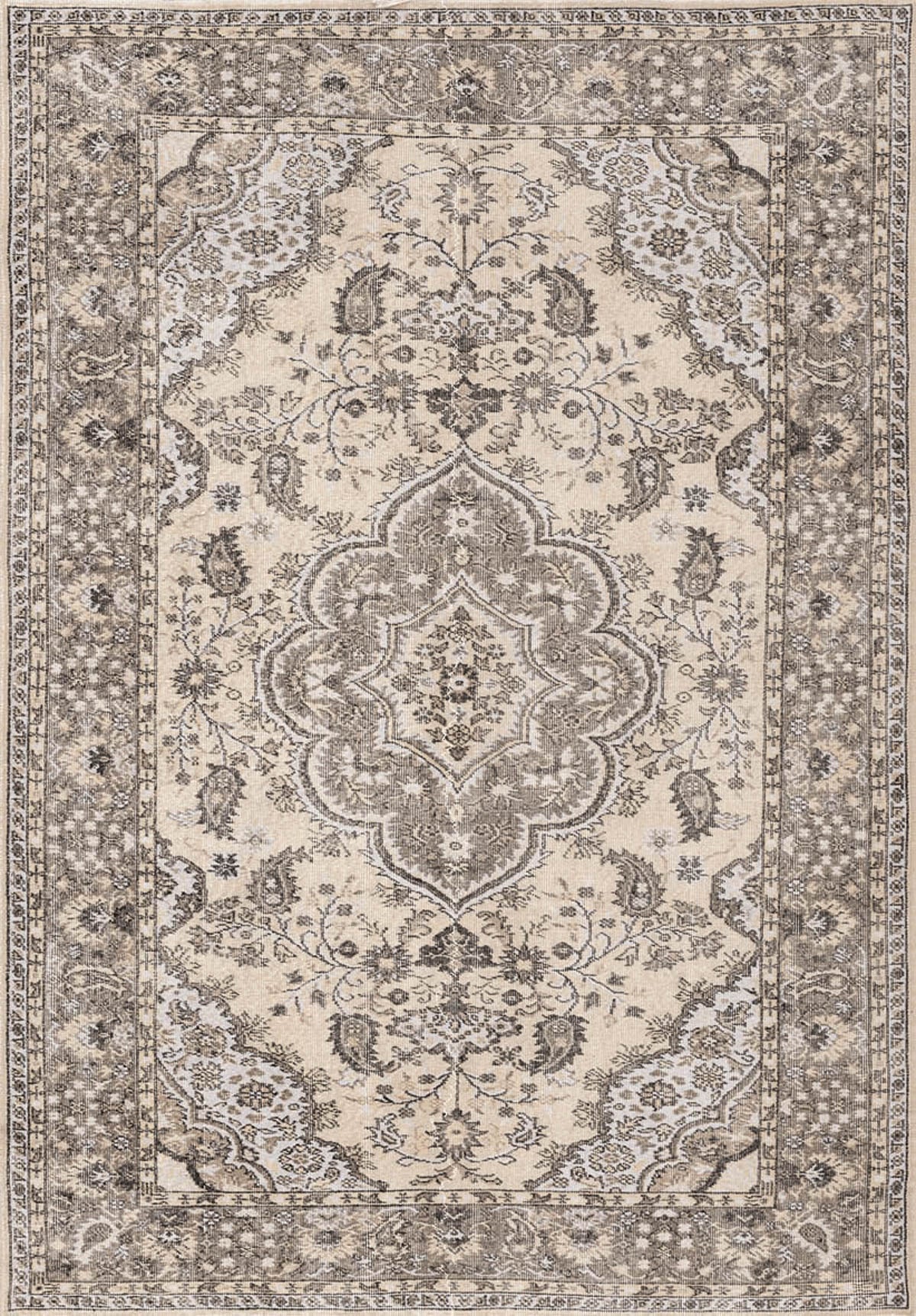 The Opulent Mirage - Washable Rug - JRN1008 (Custom Size) features intricate floral and paisley patterns in beige, cream, and brown with a medallion and detailed borders—perfect for traditional interiors.