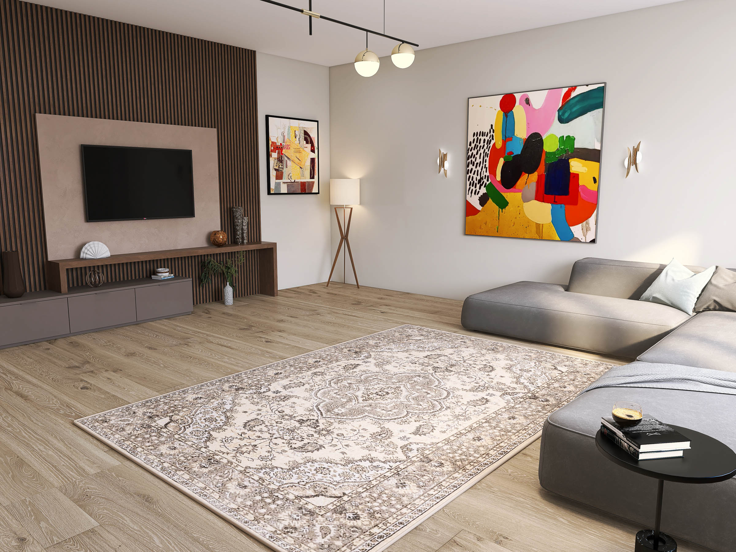 Modern living room with a gray sectional, Opulent Mirage - Washable Rug - JRN1008 (Custom Size) featuring a medallion pattern, TV on a wood accent wall, abstract art on white walls, floor lamp in the corner, light wood flooring, and minimalist decor.