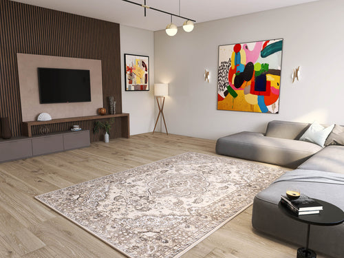Load image 1 in gallery view. Modern living room with a gray sectional, Opulent Mirage - Washable Rug - JRN1008 (Custom Size) featuring a medallion pattern, TV on a wood accent wall, abstract art on white walls, floor lamp in the corner, light wood flooring, and minimalist decor.