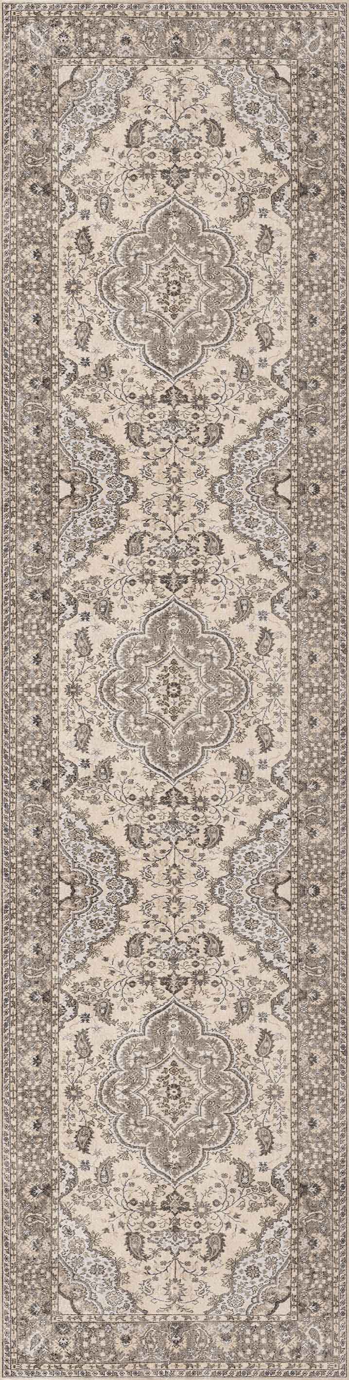 The Opulent Mirage - Washable Rug - JRN1008 (Custom Size) features a rectangular cream and light brown floral medallion design with a detailed border, offering a vintage-inspired look perfect for traditional interiors.